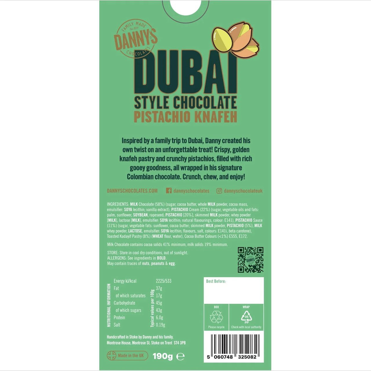 Daniels Delight Dubai Style Chocolate Pistachio Knafeh Bar 190g