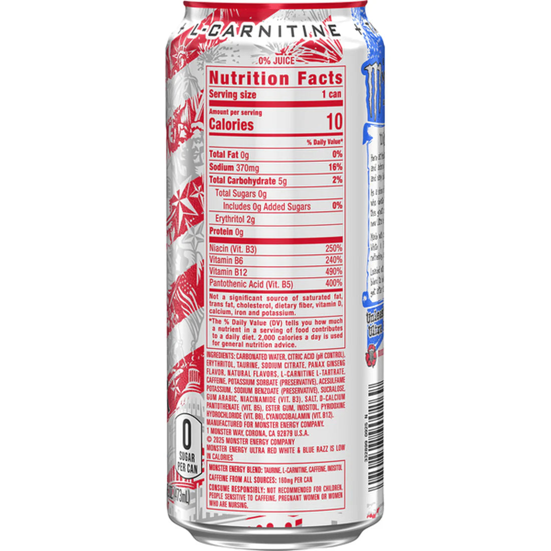 Monster Energy Zero Sugar Stars and Stripes Can Blue Razz 473ml USA
