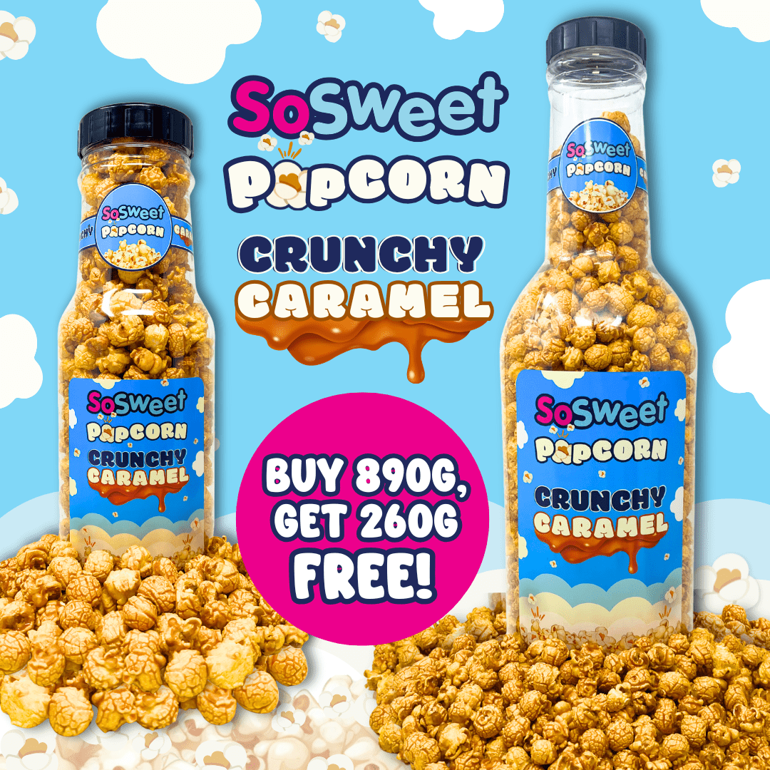 SoSweet Crunchy Caramel Popcorn LARGE Bottle (890g) + Free 260g Popcorn Bottle