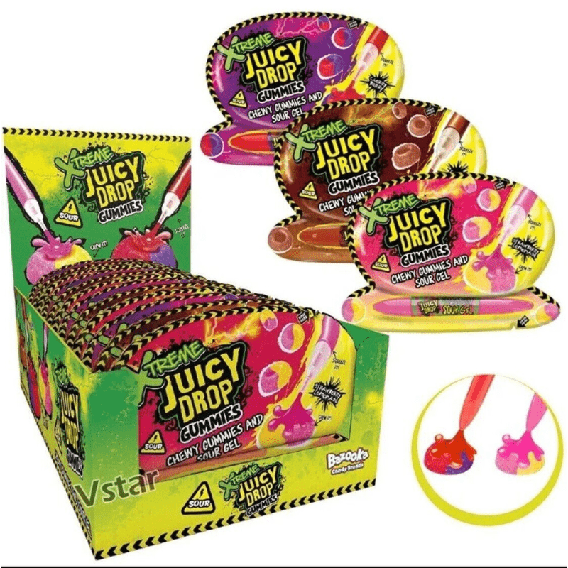 Bazooka Juicy Drop Xtreme Gummies and Sour Gel (57g) case of 12 (BBE 25/04/25)